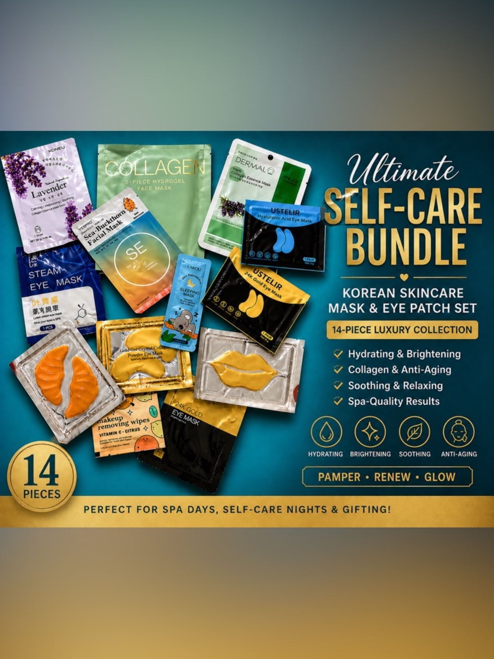 Skincare Bundle Set - Collagen Masks + Gold Eye Patches (14pc)